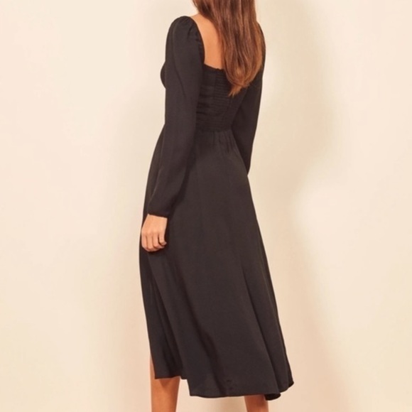 Reformation Sigmund Slit Cut Puff Shoulder Sleeve Square Neck Black Dress 12 - Picture 2 of 14